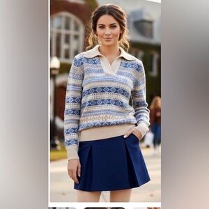Women’s J Crew Blue Fair Isle Johnny Collar Wool Blend Sweater Large Retro 70